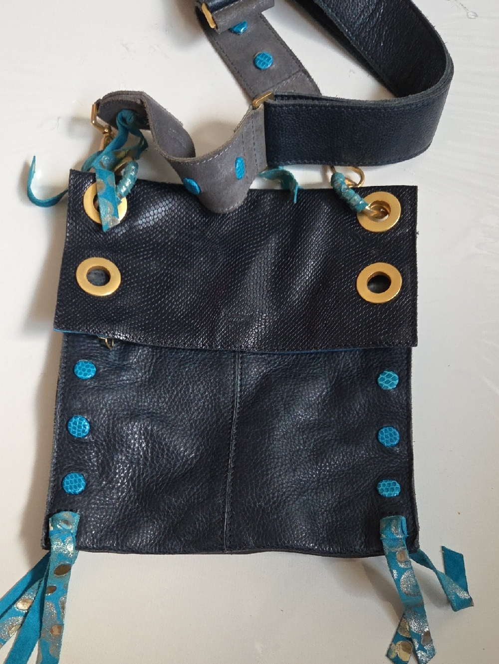 Hammit Navy Blue Leather Crossbody Bag with Turquoise Accents